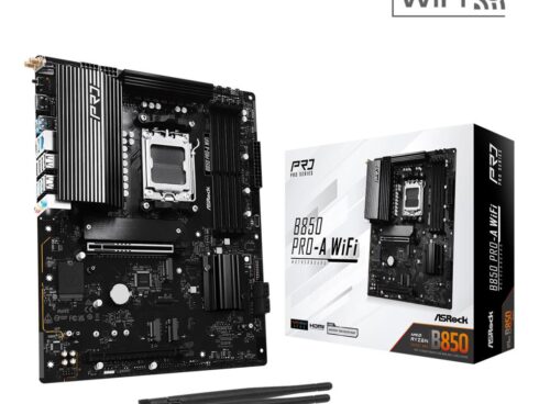 Mainboard ASROCK AMD B850 SAM5 ATX Memory DDR5 Memory slots 4 1xPCI-Express 4.0 16x 1xPCI-Express 5.0 16x 1xM.2 1xHDMI 1xAudio-In 1xAudio-Out 1xMicrophone 6xUSB 2.0 4xUSB 3.2 1xUSB-C 1xRJ45 B850PRO-AWIFI