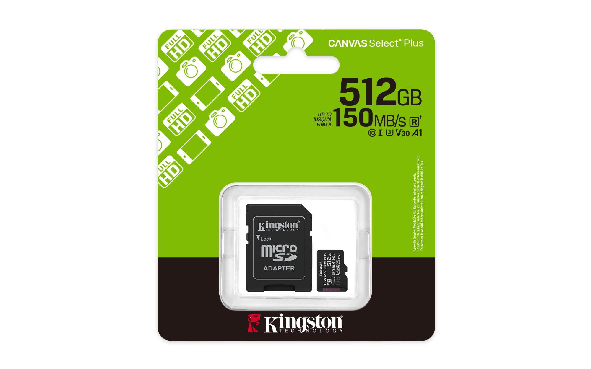 8567b7c3-e844-4c1d-b9dc-b5e69a411773 Kingston Canvas Select Plus | 512 GB | microSD | Flash memory Class 10, UHS-I, U1/U3, video 10/30, A1