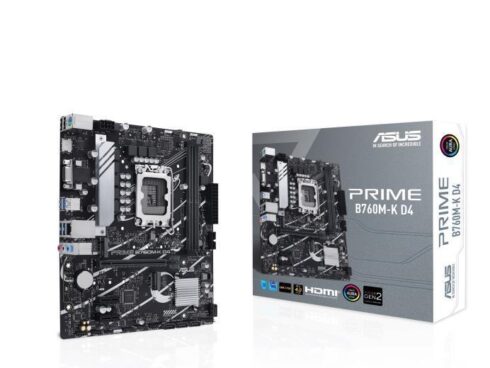 Mainboard ASUS Intel B760 Express LGA1700 Micro-ATX Memory DDR4 Memory slots 2 2xPCI-Express 4.0 1x 1xPCI-Express 4.0 16x 2xM.2 1x15pin D-sub 1xHDMI 2xUSB 2.0 4xUSB 3.2 1xPS/2 1xRJ45 3xAudio port PRIMEB760M-KD4