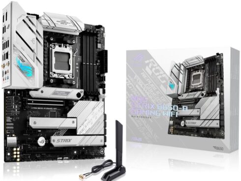 Mainboard ASUS AMD B650 SAM5 ATX Memory DDR5 Memory slots 4 2xPCI-Express 4.0 1x 1xPCI-Express 4.0 16x 3xM.2 1xHDMI 1xDisplayPort 4xUSB 2.0 3xUSB 3.2 2xUSB-C 1xRJ45 5xAudio port ROGSTRIXB650-AGAMWIFI