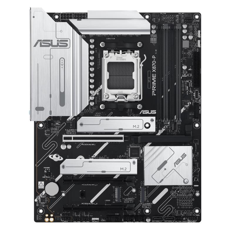 d0c1aee4-c7ee-44ab-9b00-4fe0703fd424 ASUS PRIME X870-P motininė plokštė, viršutinė peržiūra su jungtimis ir lizdais