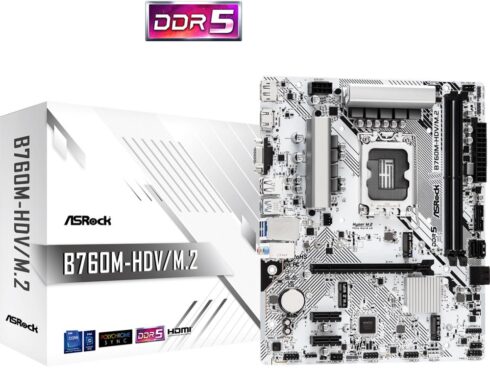 Mainboard ASROCK Intel B760 Express LGA1700 Micro-ATX Memory DDR5 Memory slots 2 2xPCI-Express 3.0 1x 1xPCI-Express 4.0 16x 1xM.2 1x15pin D-sub 1xHDMI 1xDisplayPort 1xAV-In 1xAV-out 1xMicrophone 2xUSB 2.0 3xUSB 3.2 1xUSB-C 1xRJ45 B760M-HDV/M.2