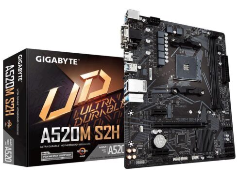 Mainboard GIGABYTE AMD A520 SAM4 Micro-ATX Memory DDR4 Memory slots 2 2xPCI-Express 3.0 1x 1xPCI-Express 3.0 16x 1xM.2 1x15pin D-sub 1xDVI-D 1xHDMI 2xAV-In 1xAV-out 2xUSB 2.0 4xUSB 3.2 1xPS/2 1xRJ45 A520MS2H1.3