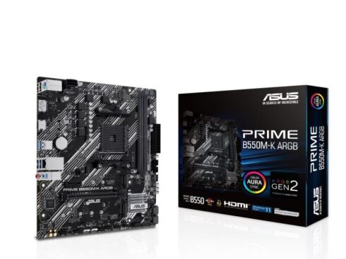 Mainboard ASUS AMD B550 SAM4 Micro-ATX Memory DDR4 Memory slots 2 1xPCI-Express 3.0 1x 1xPCI-Express 3.0 16x 1xPCI-Express 4.0 16x 1xM.2 1xHDMI 1xDisplayPort 1xAudio-In 1xAudio-Out 1xMicrophone 2xUSB 2.0 4xUSB 3.2 1xPS/2 1xRJ45 PRIMEB550M-KARGB