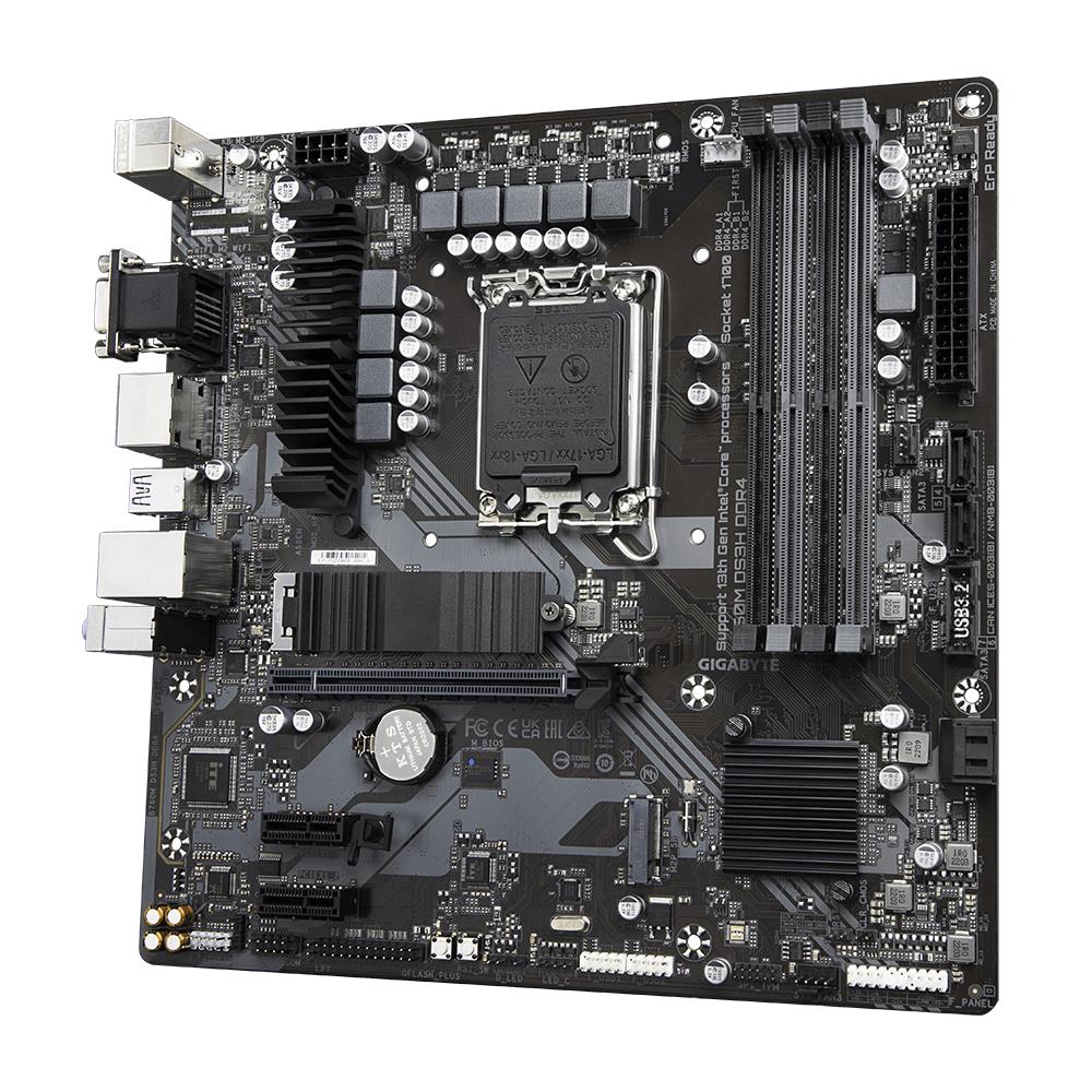 f2398f80-b663-4aff-a33b-19c2c316d010 GIGABYTE B760MDS3H DDR4 motininė plokštė, šoninis vaizdas su jungtimis