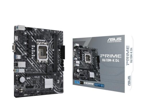 Mainboard ASUS Intel H610 LGA1700 MicroATX Memory DDR4 Memory slots 2 1xPCI-Express 3.0 1x 1xPCI-Express 4.0 16x 1xM.2 1x15pin D-sub 1xHDMI 2xAudio-In 1xAudio-Out 4xUSB 2.0 2xUSB 3.2 1xPS/2 1xRJ45 PRIMEH610M-KD4