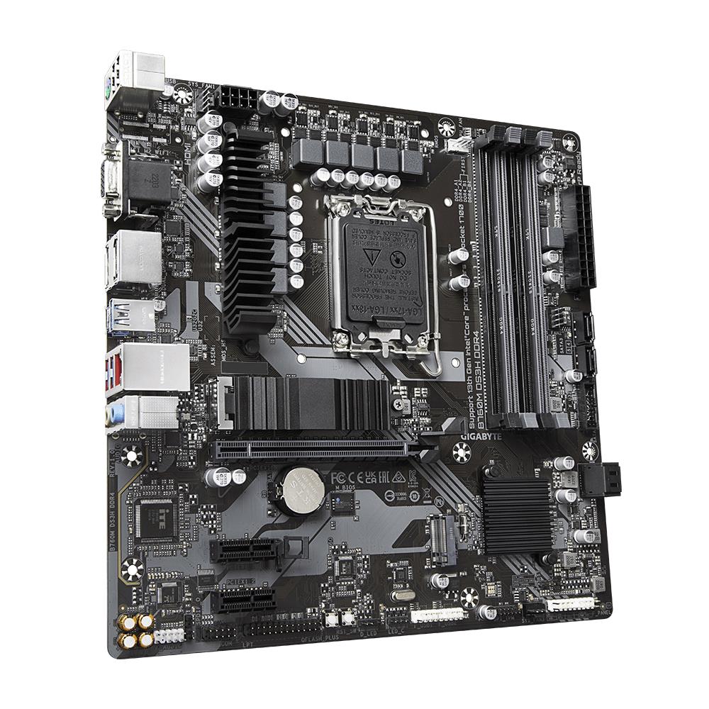 fd7b069f-10cb-4c72-9ce3-cd80f0b1cf09 GIGABYTE B760MDS3HDDR4 motininė plokštė, šoninis vaizdas su jungtimis