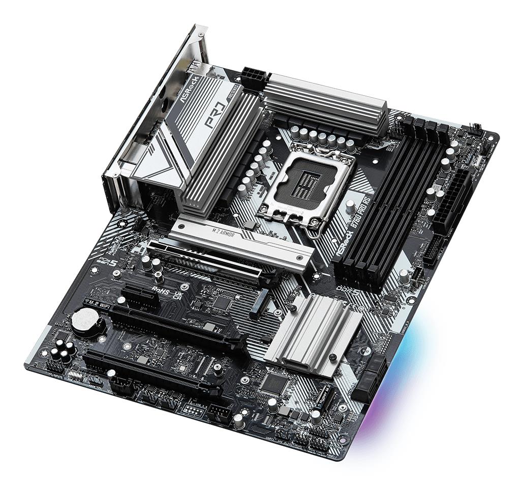 0015e2f3-896c-40aa-9a13-53582b356e93 Mainboard ASROCK Intel B760 Express LGA1700 ATX Memory DDR5 Memory slots 4 1xPCI-Express 3.0 1x 1xPCI-Express 3.0 16x 1xPCI-Express 4.0 16x 1xPCI-Express 5.0 16x 3xM.2 1xHDMI 1xDisplayPort 2xUSB 2.0 5xUSB 3.2 1xUSB-C 1xRJ45 3xAudio port B760PRORS