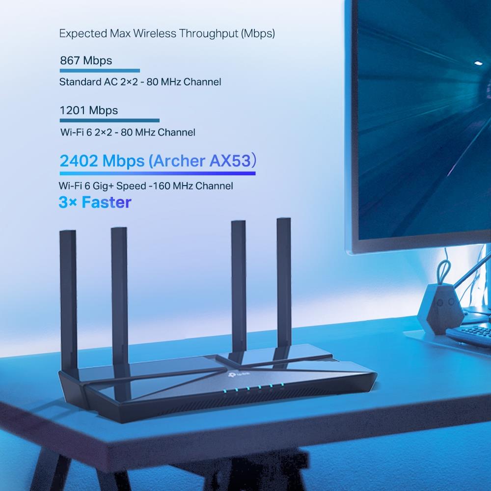 00a5de73-288e-477d-a0a8-302fc06fd44e Wireless Router TP-LINK Wireless Router 3000 Mbps Mesh Wi-Fi 6 IEEE 802.11a IEEE 802.11 b/g IEEE 802.11n IEEE 802.11ac IEEE 802.11ax 1 WAN 4x10/100/1000M Number of antennas 4 ARCHERAX53