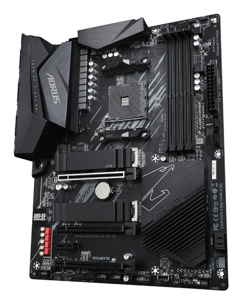 018273b5-bc7a-4484-abbd-e624e202fd58 Mainboard GIGABYTE AMD B550 SAM4 ATX Memory DDR4 Memory slots 4 2xPCI-Express 3.0 1x 1xPCI-Express 3.0 2x 1xPCI-Express 4.0 16x 2xM.2 1xHDMI 1xDisplayPort 2xAudio-In 3xAudio-Out 2xUSB 2.0 5xUSB 3.2 1xOptical S/PDIF 1xRJ45 2xRF-Out B550AORUSELITEAXV2