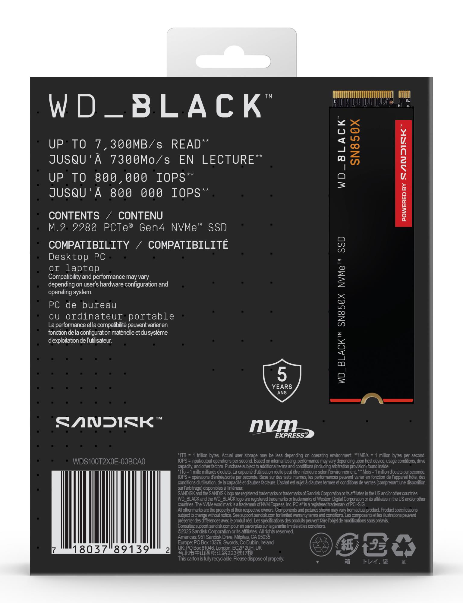019326ea-9ac2-4f07-beaa-7de35e0b8b1e SSD WESTERN DIGITAL Black SN850X 1TB M.2 PCIE NVMe Write speed 6300 MBytes/sec Read speed 7300 MBytes/sec 2.38mm TBW 600 TB WDS100T2X0E