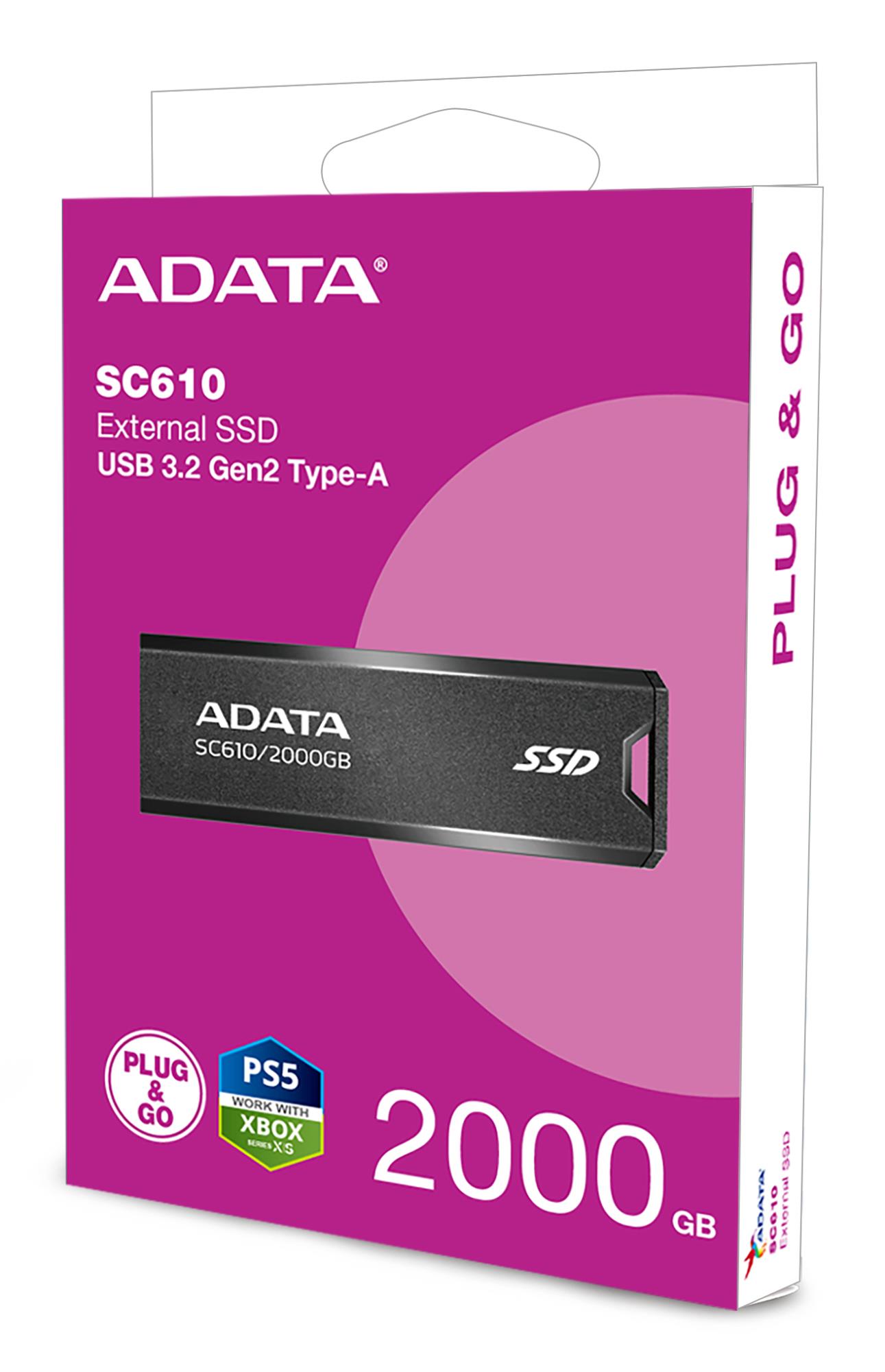 02d207aa-5890-422f-9ebc-c00152f0301b External SSD ADATA SC610 2TB USB 3.2 Write speed 500 MBytes/sec Read speed 550 MBytes/sec SC610-2000G-CBK/RD