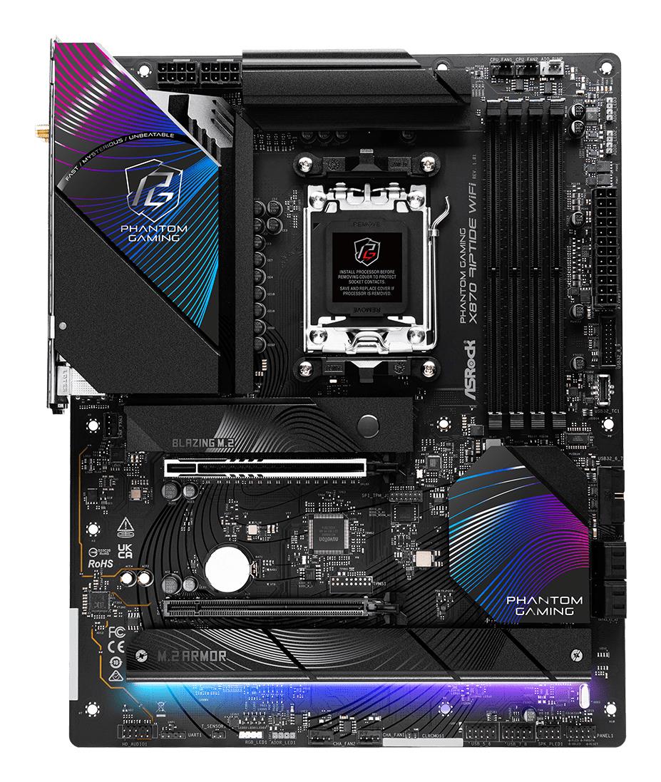 02f2e64f-b1a7-4f7d-9a19-05ce5d02671e Motininė plokštė ASROCK X870 Riptide WiFi, šoninis vaizdas su prievadų išdėstymu
