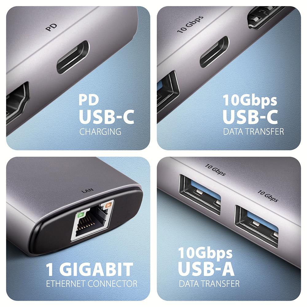 05567104-b650-48e4-a62c-f3e5bc007b98 I/O HUB USB-C 6IN1, šoninis vaizdas su prijungtais įrenginiais