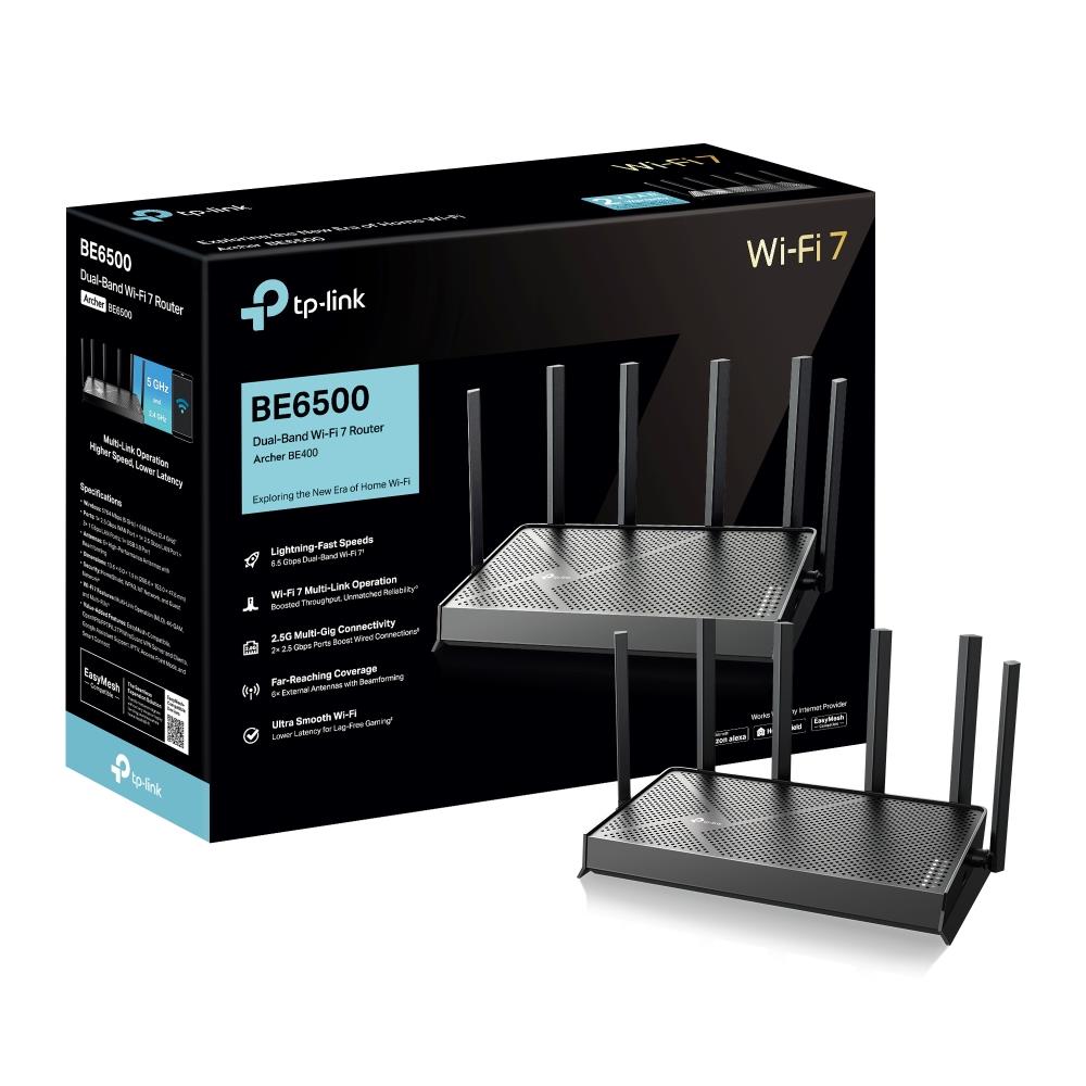 07b8170d-8d21-4517-9c8f-4a6c680161f0 Wireless Router TP-LINK Wireless Router 6500 Mbps Wi-Fi 7 3x10/100/1000M 1x2.5GbE LAN WAN ports 1 Number of antennas 6 ARCHERBE400