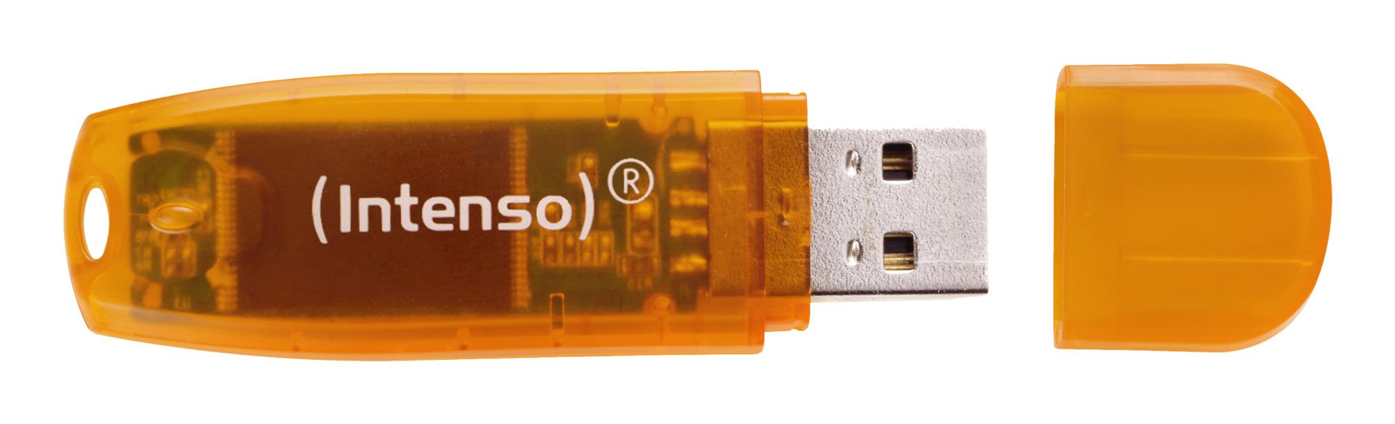 08560870-cfbf-4b9a-a466-bb84ce135f41-1 USB atmintinė Intenso 64GB su oranžiniu korpusu, šoninis vaizdas