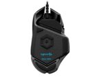 Pelė Logitech G502 su matomais mygtukais ir ratuku iš arti