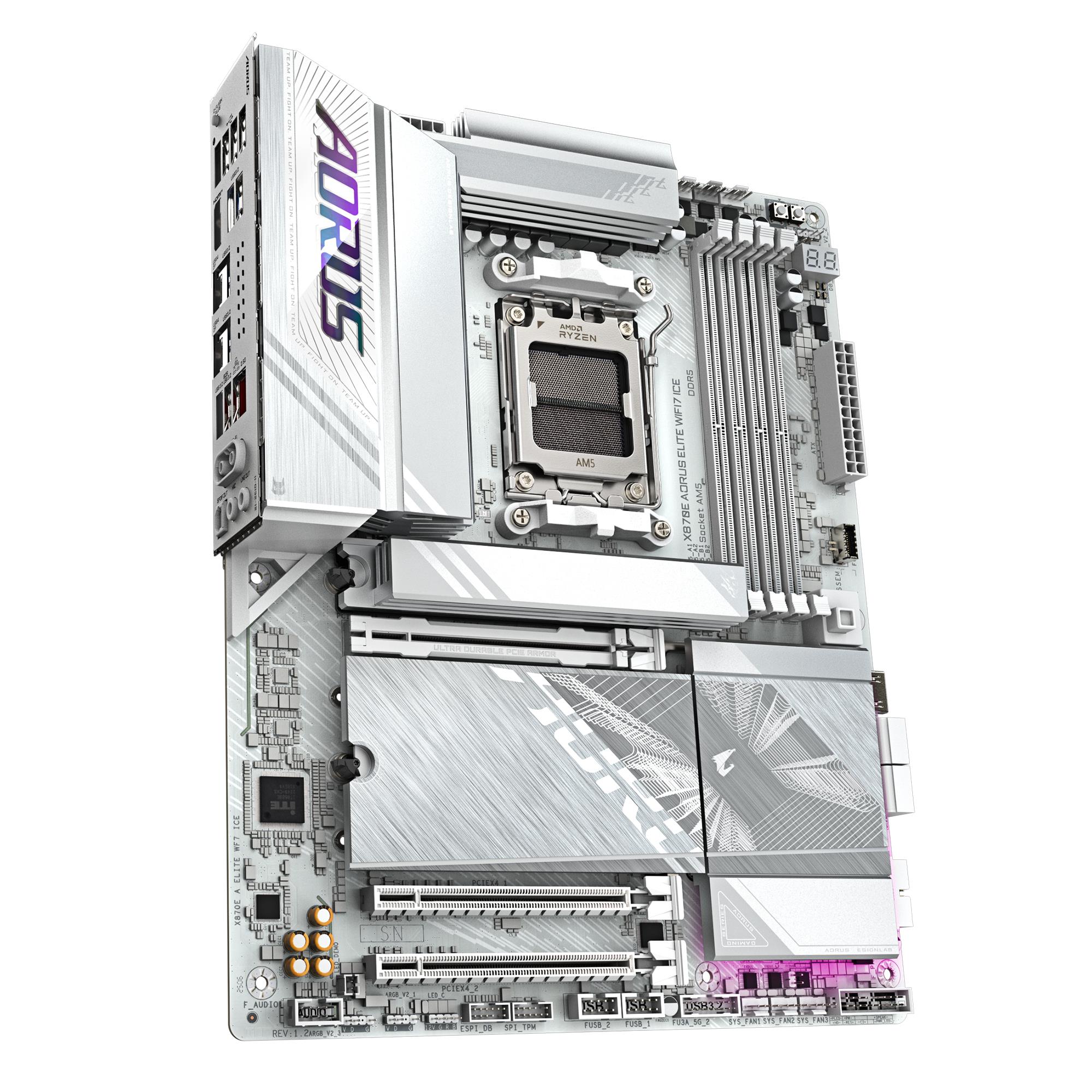 0b459043-dcf3-412e-97c0-d82c6c4325a2 Mainboard GIGABYTE AMD X870 SAM5 ATX Memory DDR5 Memory slots 4 1xPCI-Express 3.0 2x 1xPCI-Express 4.0 4x 1xPCI-Express 5.0 16x 4xM.2 1xHDMI 4xUSB 2.0 6xUSB 3.2 2xUSB-C 1xOptical S/PDIF 1xRJ45 2xAudio port X870EAELITEWF7ICE1.2