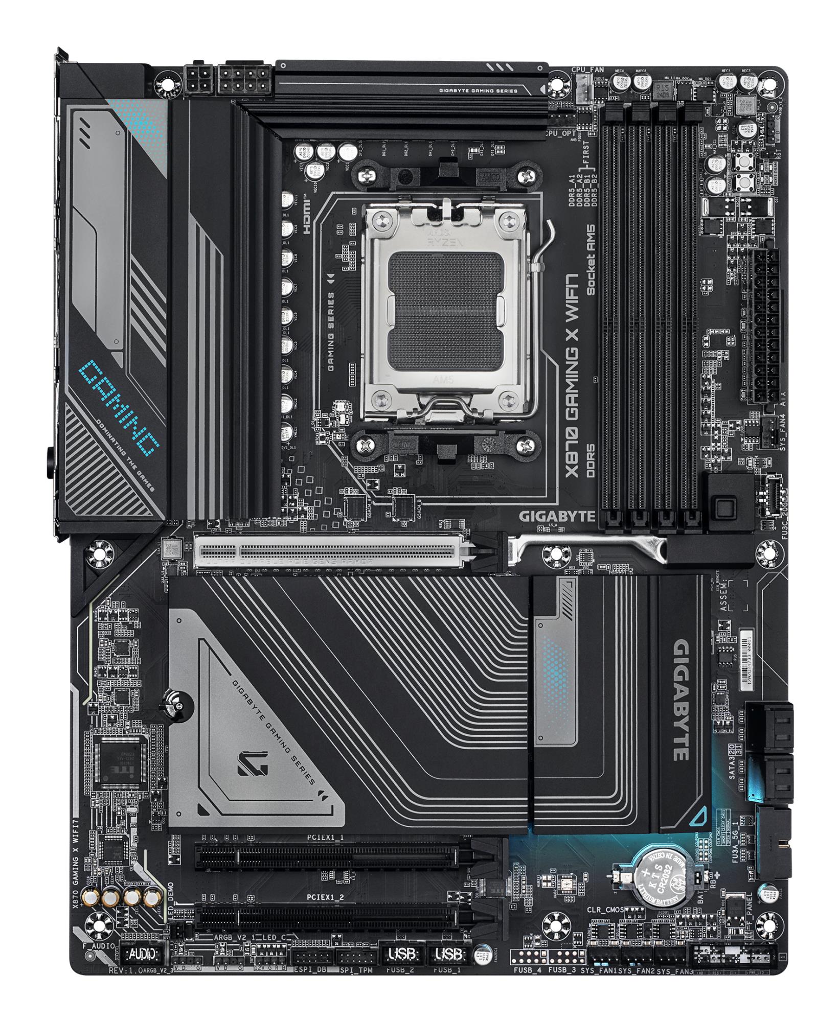 0cc226b2-172e-4dc5-8816-739c2f113d6a Mainboard GIGABYTE AMD X870 SAM5 ATX Memory DDR5 Memory slots 4 2xPCI-Express 3.0 1x 1xPCI-Express 5.0 16x 3xM.2 1xHDMI 4xUSB 2.0 4xUSB 3.2 2xUSB-C 1xRJ45 3xAudio port X870GAMINGXWIFI71.1