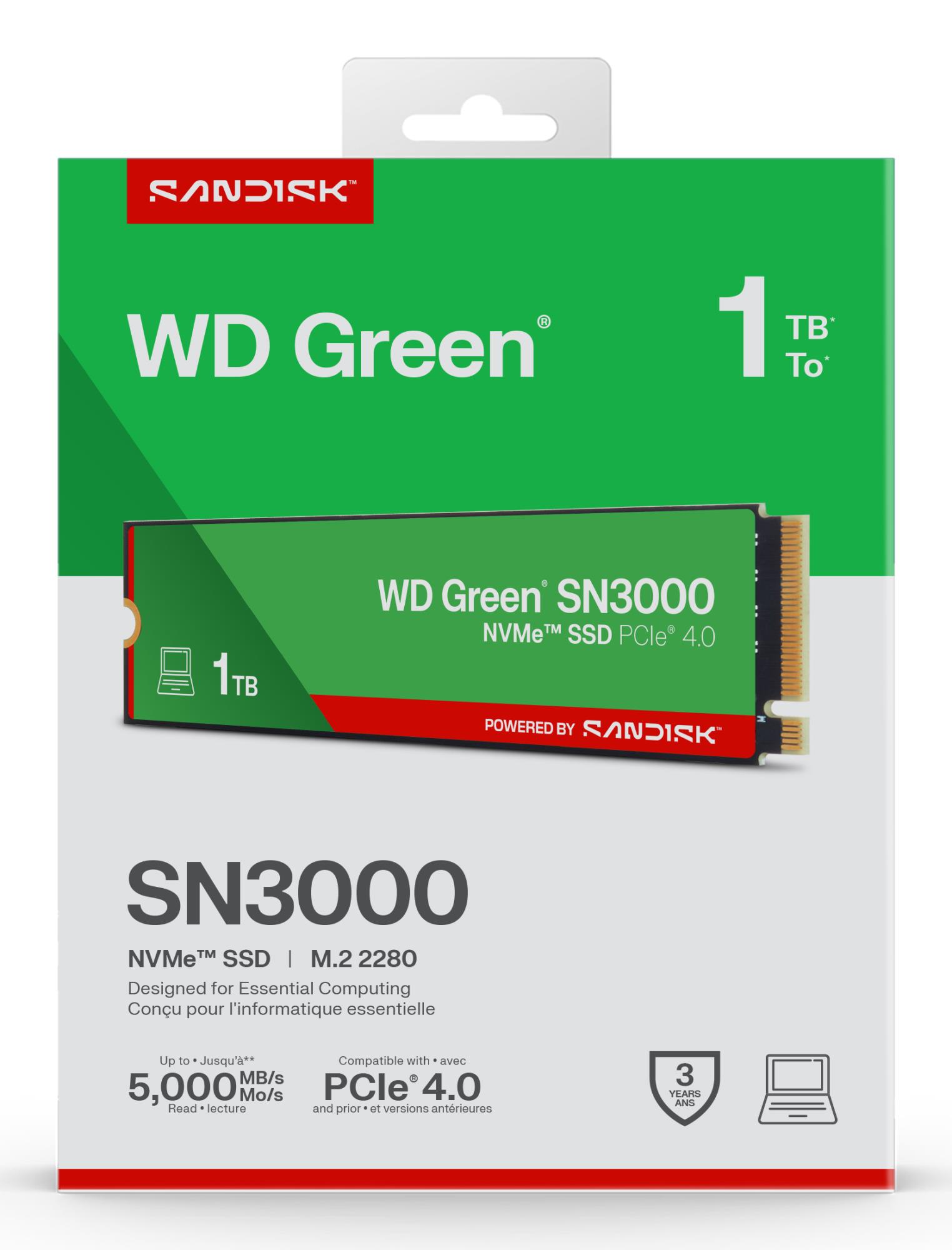 0cc8f389-5c0e-464b-8eb9-88e514f82991 SSD WESTERN DIGITAL Green 1TB M.2 PCIe Gen4 NVMe Write speed 4200 MBytes/sec Read speed 5000 MBytes/sec 2.3mm TBW 150 TB WDS100T4G0E