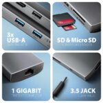 USB-C 9in1 hub'as su matomu prievadų išdėstymu ir kabeliu