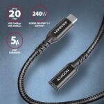 USB-C prailginimo laidas 0.5m, matomas iš šono, su aiškiai matomu jungtimi