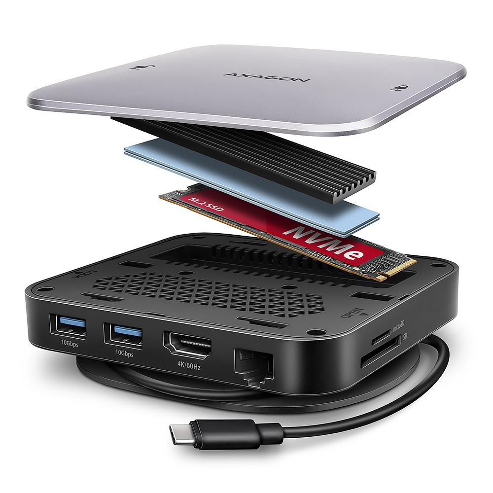 10da4b94-c02b-4df4-b6ff-1e61bc383ea2 AXAGON HMC-UFO 9-in-1 dokų stotis su NVMe ir SATA palaikymu