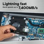 Crucial T500 SSD su M.2 jungtimi, matomas iš šono