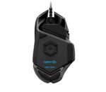Pelė Logitech G502, matoma iš šono, rodo mygtukų išdėstymą