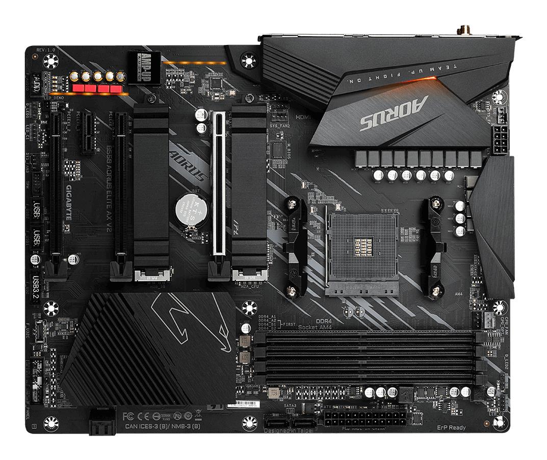 1513f656-cdb4-47e2-8bc7-8171762cd3ca Mainboard GIGABYTE AMD B550 SAM4 ATX Memory DDR4 Memory slots 4 2xPCI-Express 3.0 1x 1xPCI-Express 3.0 2x 1xPCI-Express 4.0 16x 2xM.2 1xHDMI 1xDisplayPort 2xAudio-In 3xAudio-Out 2xUSB 2.0 5xUSB 3.2 1xOptical S/PDIF 1xRJ45 2xRF-Out B550AORUSELITEAXV2
