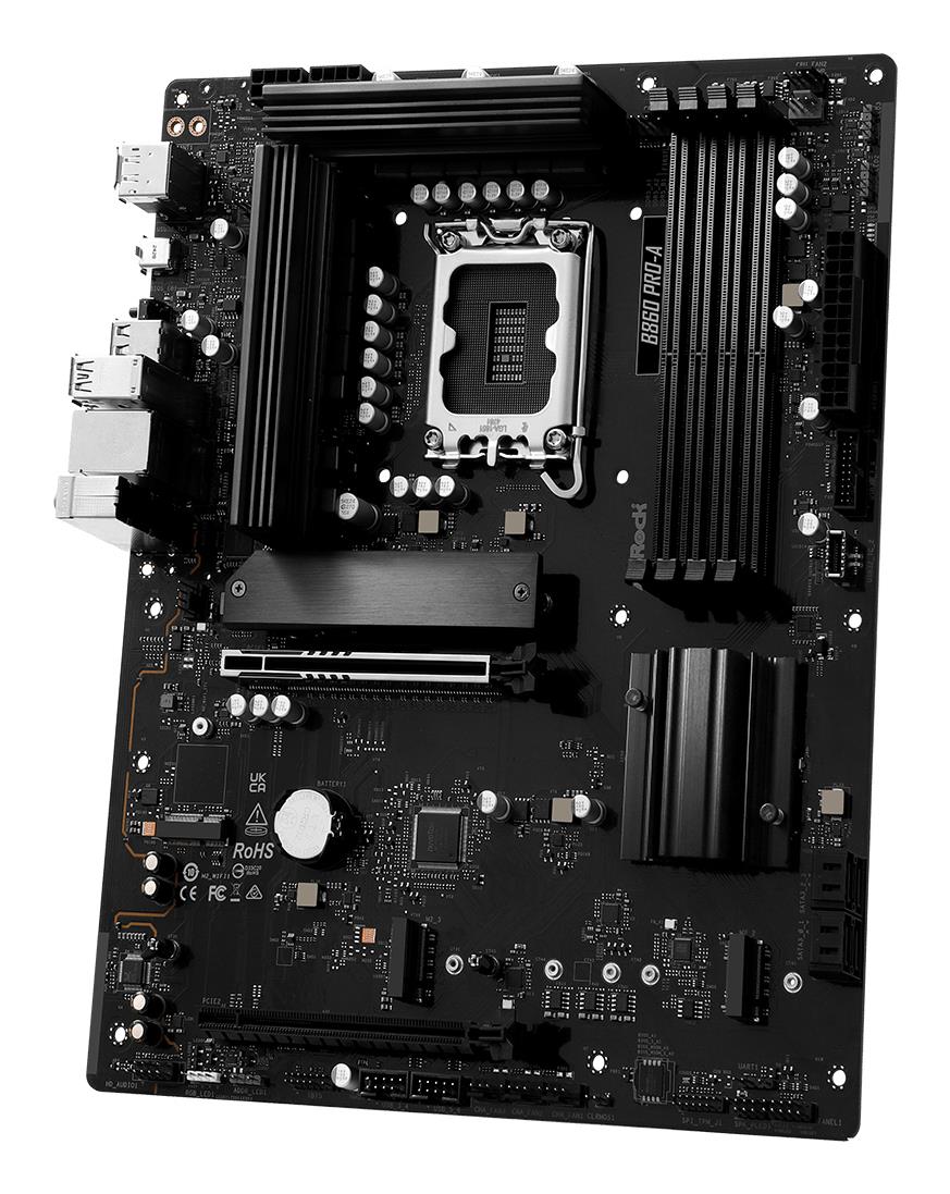 1695a608-8d98-4a9e-89a2-528c43d1427c ASROCK B860PRO-A motininė plokštė, vaizdas iš šono su prievadų išdėstymu
