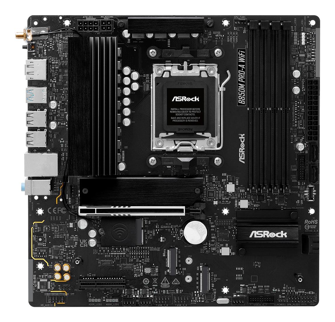 16ff2c6b-eefe-42e0-a732-a30871b04fa6 Motininė plokštė ASROCK B850M PRO-A WIFI, iš šono, rodo prievadų išdėstymą