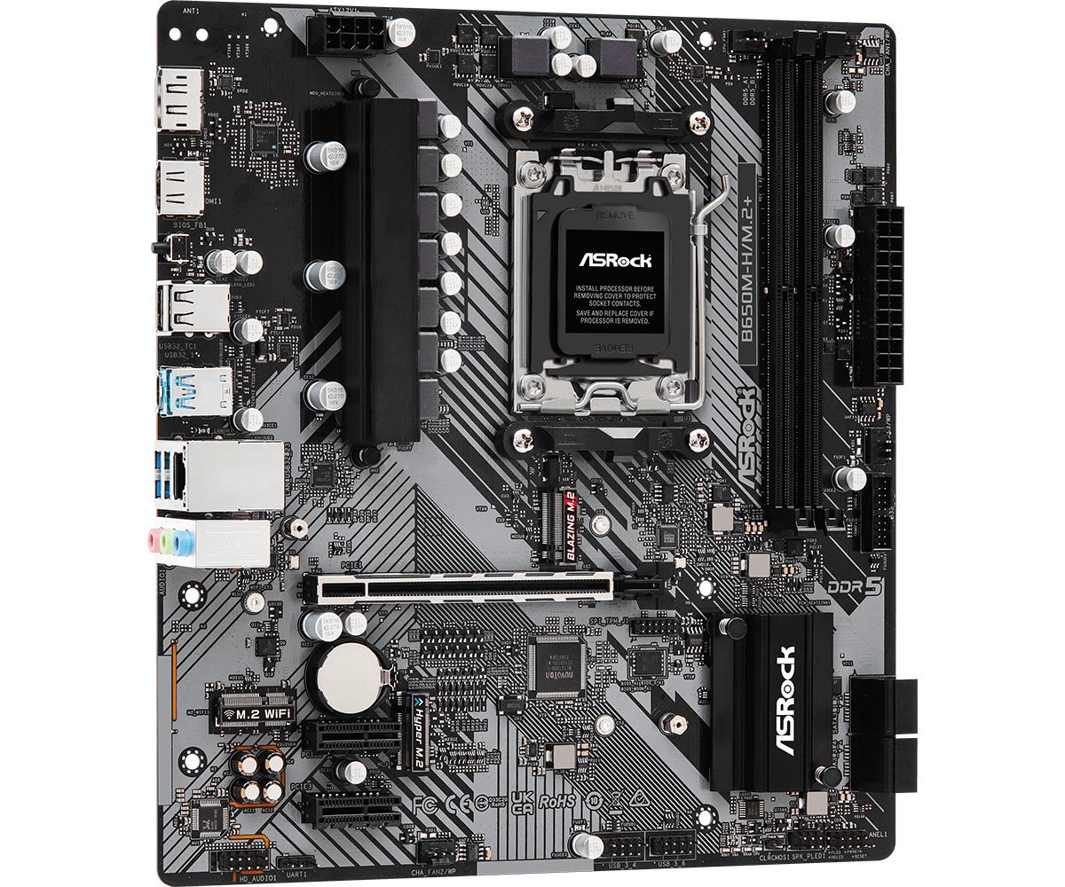 173a2d57-4f06-4ecb-b051-1b5c3011a2cd ASROCK B650M-H/M.2+ motininė plokštė, šoninis vaizdas su jungčių išdėstymu