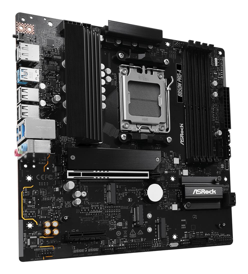 1835434d-2299-4c83-8ea5-e40db2c9d9eb Motininė plokštė ASROCK B850MPRO-A, šoninis vaizdas su prievadų išdėstymu