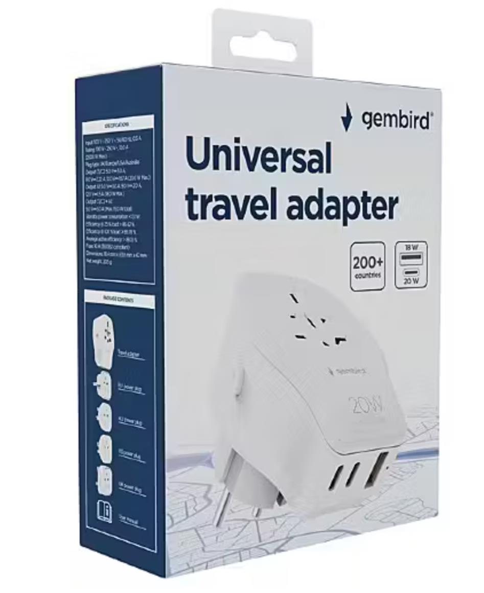 18c53f85-b26f-402c-a658-f4f011735fac Gembird TPA-1A2C20-02-W Universal travel power adapter, 20 W, white | Gembird