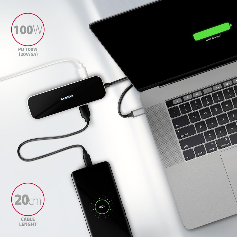 1a02fa84-1b0e-4507-a56b-d53bc20d6e39 USB-C 6IN1 HMC-6H4A adapteris, matomas iš šono, su prijungtais įrenginiais