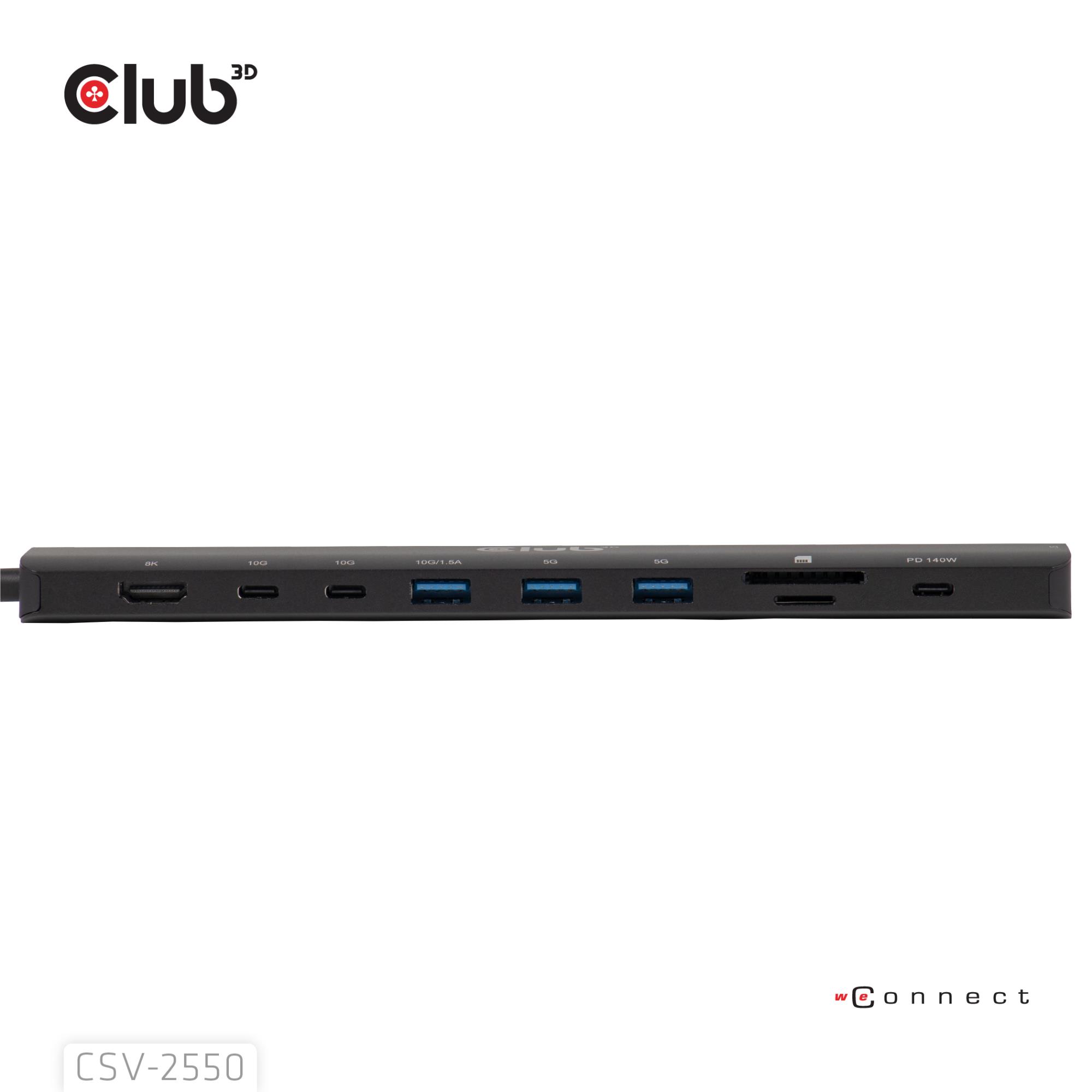 1b3dcd9d-5832-4c9a-af1b-1231a7da79bd Doko stotelė Club 3D CSV-2550, matoma iš šono, rodo jungčių išdėstymą