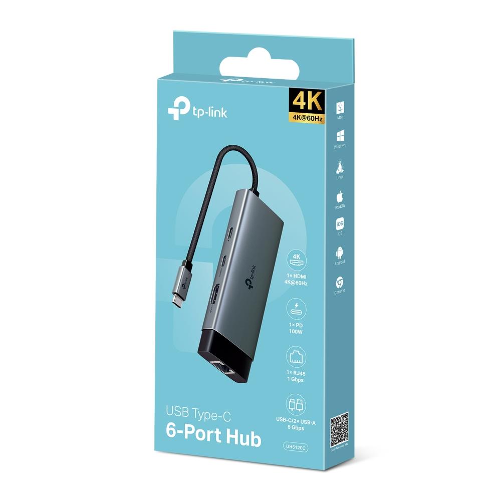 1cb37ea6-18ba-4b7b-867f-5a0d4f227c88 USB-C 6 prievadų hubas TP-LINK UH6120C, matomas iš šono