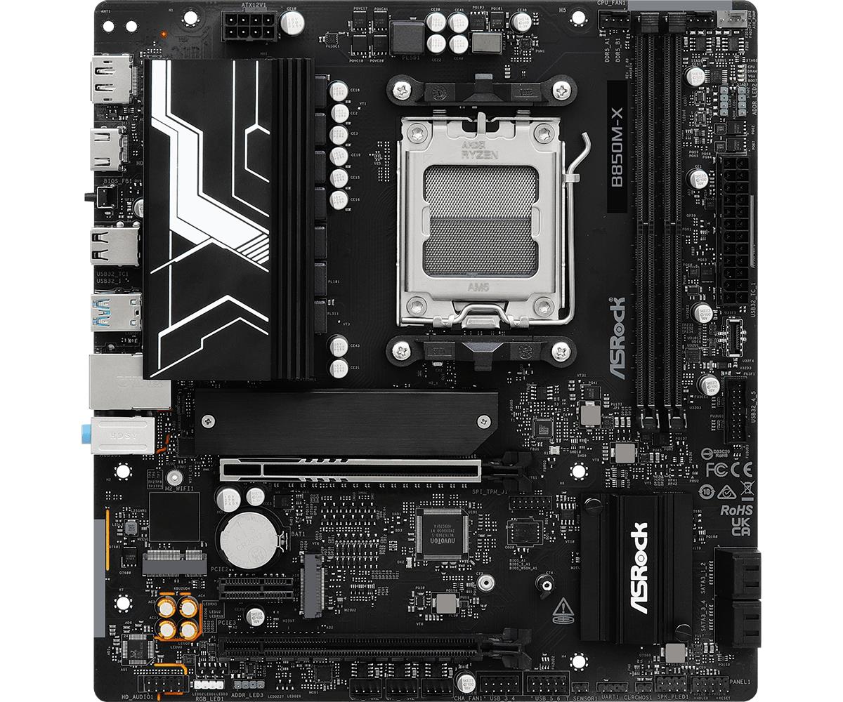 1cdb8002-9fb0-434d-90c6-b81aab830998 ASROCK B850M-XR2.0 motininė plokštė, matoma iš viršaus su DDR5 atminties lizdais
