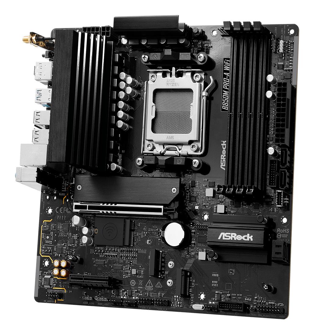 1d982381-e3d7-409b-a642-311e26d3d476 Motininė plokštė ASROCK B850M PRO-A WIFI, šoninis vaizdas su prievadų išdėstymu