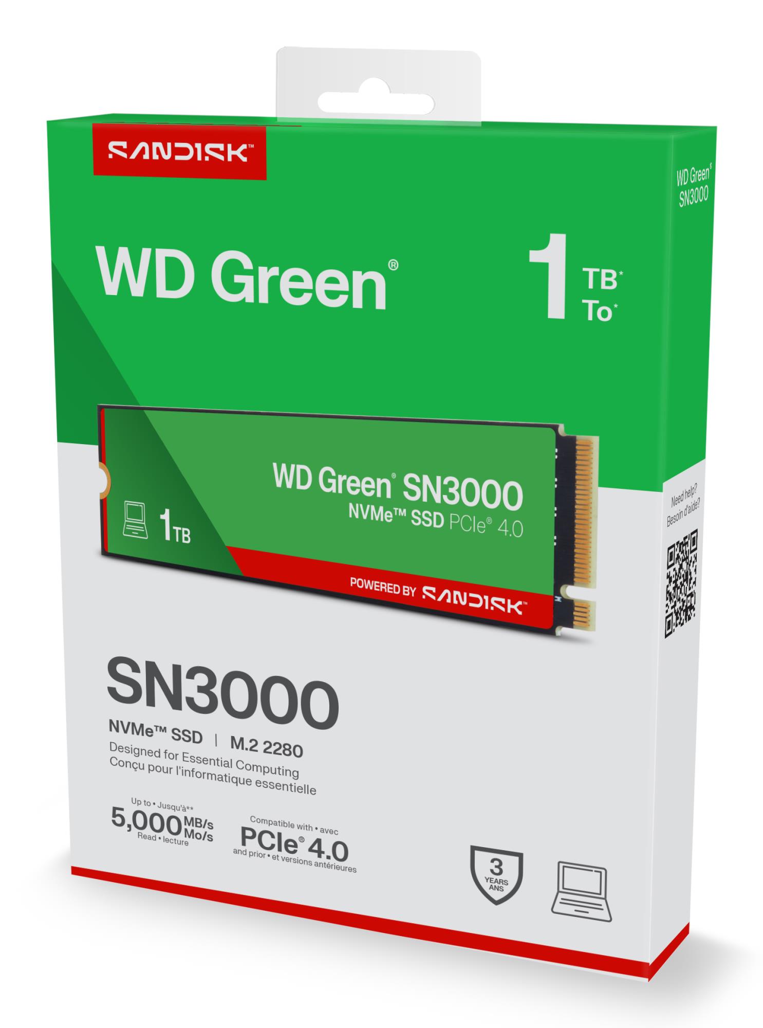 1df2e9db-a7bf-4af2-a81e-2484ae0ba55c SSD WESTERN DIGITAL Green 1TB M.2 PCIe Gen4 NVMe Write speed 4200 MBytes/sec Read speed 5000 MBytes/sec 2.3mm TBW 150 TB WDS100T4G0E