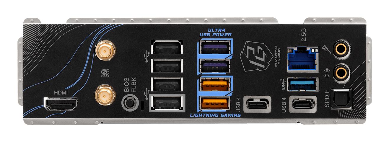 1efcce73-625f-479c-91ee-b726b01f7f7b ASROCK X870 Riptide WiFi motininė plokštė, šoninis vaizdas su prievadų išdėstymu