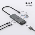 I/O HUB USB-C 5PORT/UH5020C TP-LINK, matomas iš šono su prijungtais laidais
