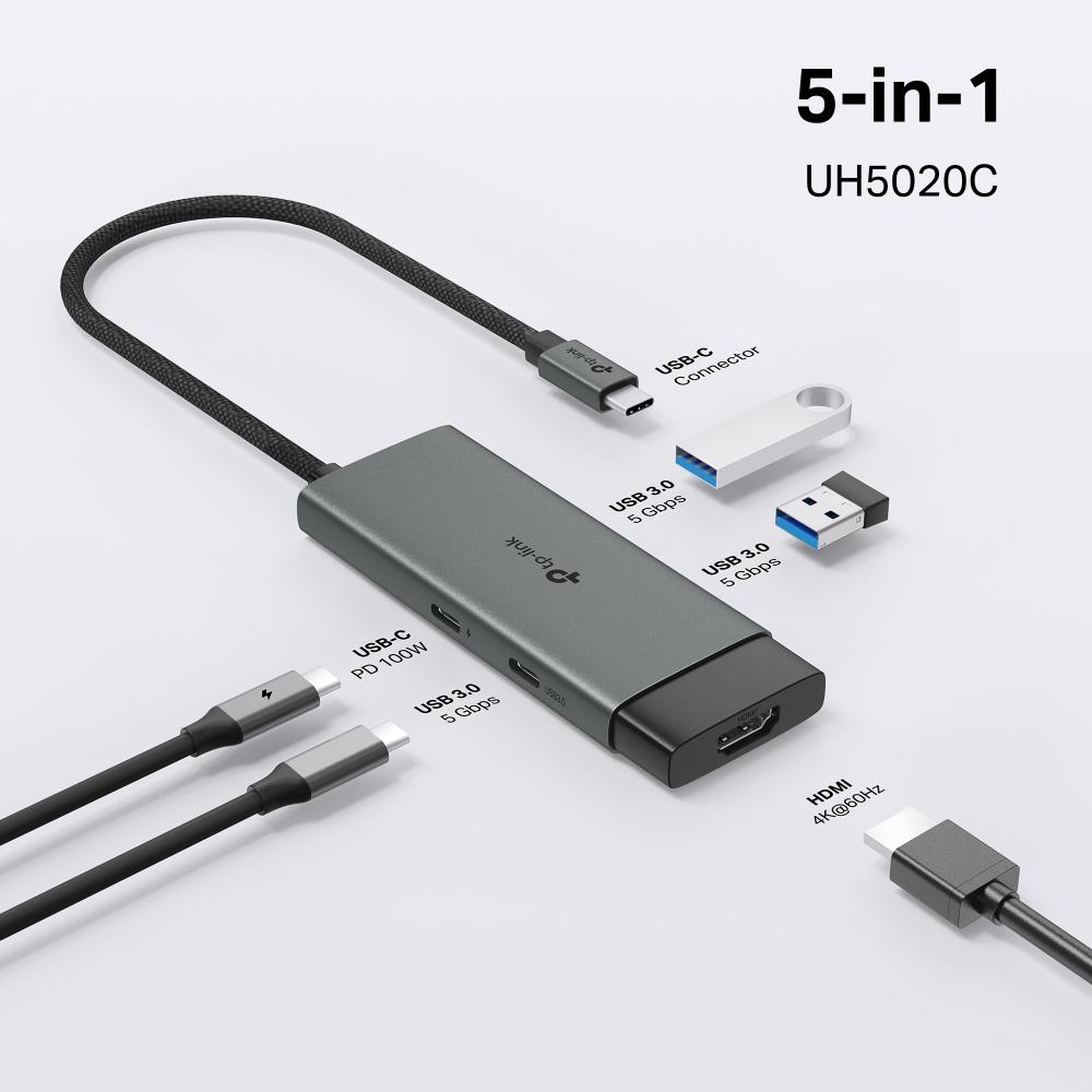 20d82f93-1d0e-44d9-96d2-55ff7ca4e7a8 I/O HUB USB-C 5PORT/UH5020C TP-LINK, matomas iš šono su prijungtais laidais