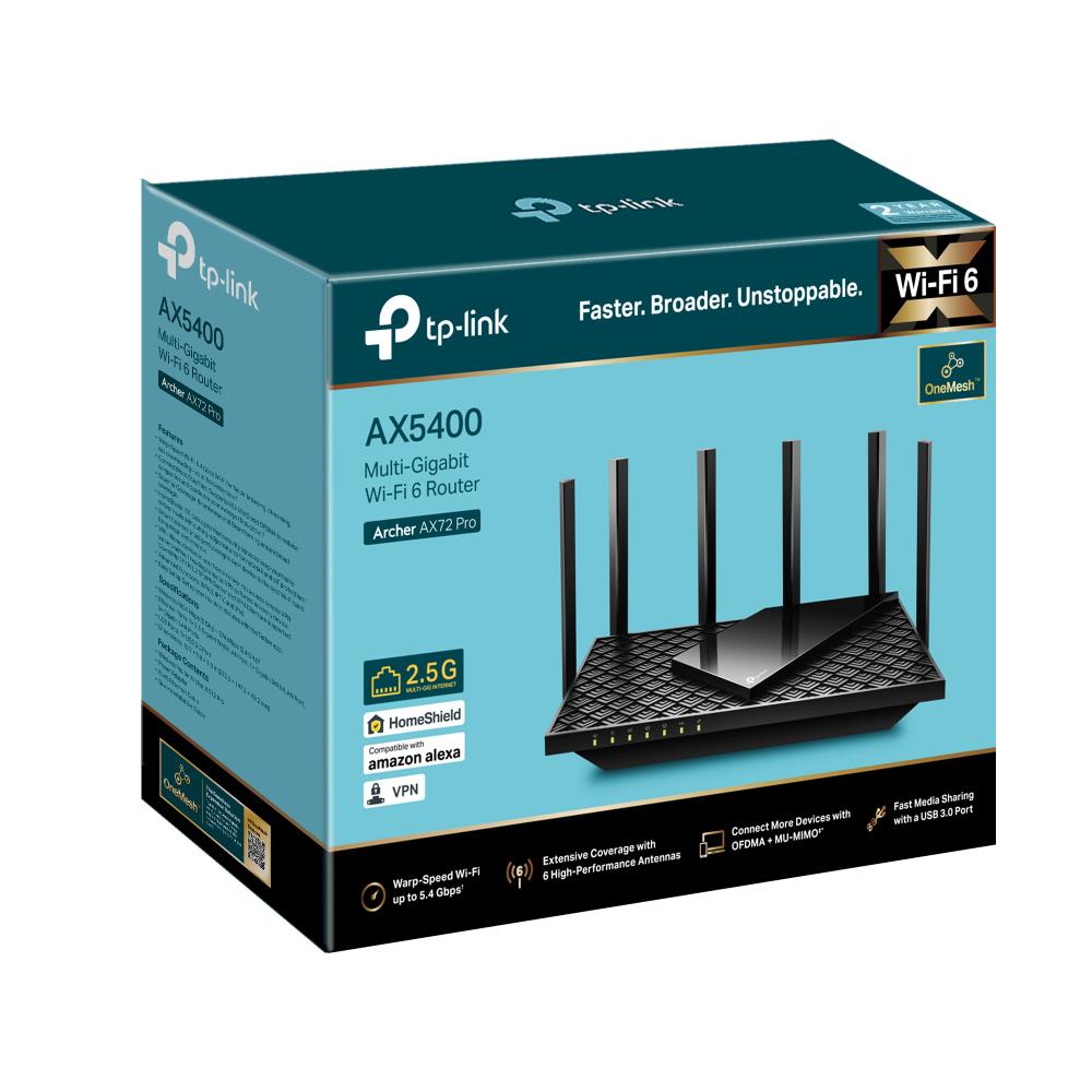 23e8810c-1364-4094-94ea-1d19d6a36443 Wireless Router TP-LINK Wireless Router 5400 Mbps Wi-Fi 6 IEEE 802.11a IEEE 802.11 b/g IEEE 802.11n IEEE 802.11ac IEEE 802.11ax USB 3.0 3x10/100/1000M 1x2.5GbE LAN WAN ports 1 Number of antennas 6 ARCHERAX72PRO