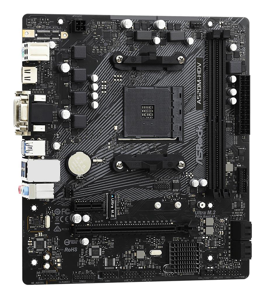 290dec2c-e11f-42f0-89b6-9284e803e2ce Mainboard ASROCK AMD A520 SAM4 Micro-ATX Memory DDR4 Memory slots 2 1xPCI-Express 3.0 1x 1xPCI-Express 3.0 16x 1xM.2 1x15pin D-sub 1xDVI-D 1xHDMI 2xAudio-In 1xAudio-Out 2xUSB 2.0 4xUSB 3.2 1xPS/2 1xRJ45 A520M-HDV