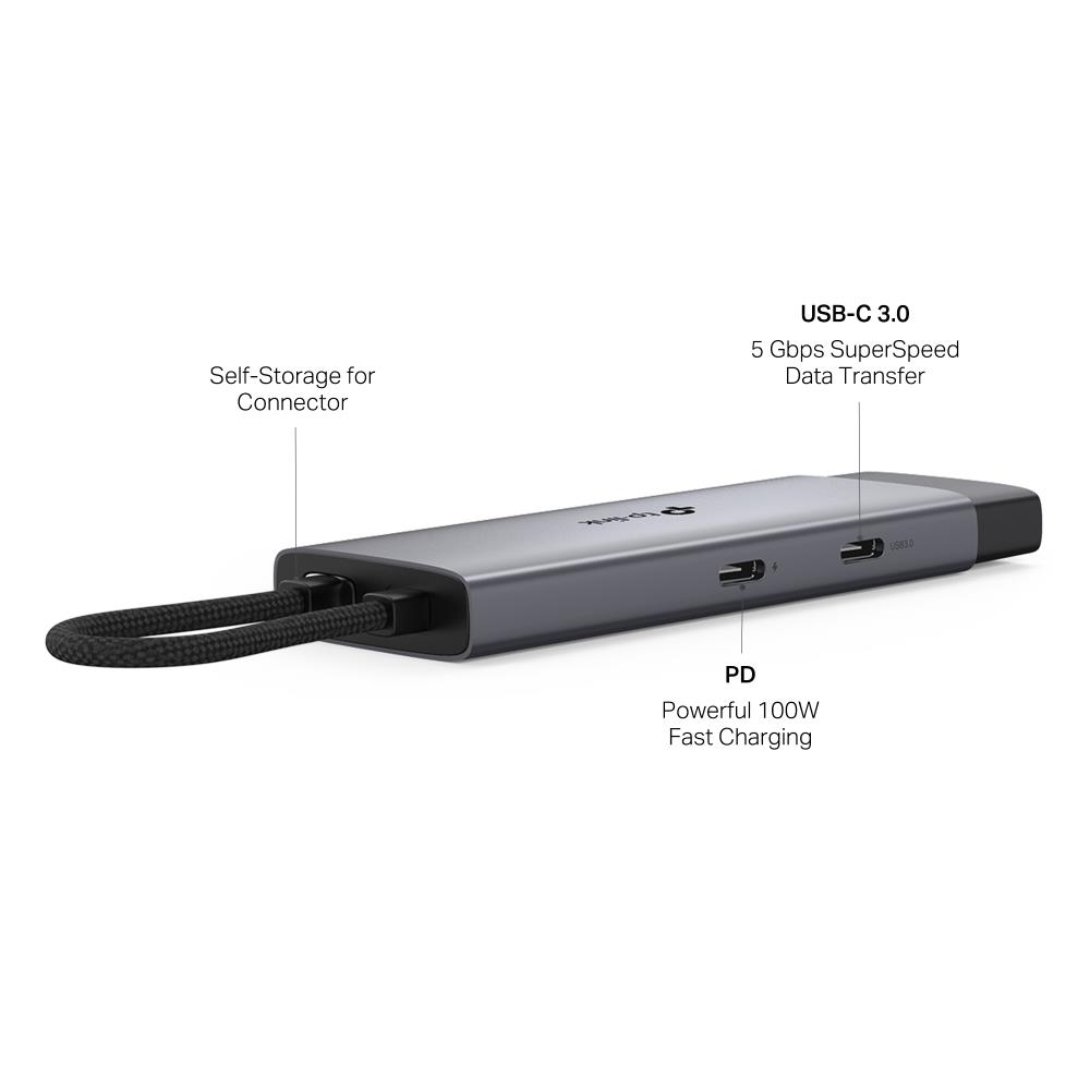 2c07fa45-3ca5-4cc6-a1b7-6617bed3371a I/O HUB USB-C 5PORT/UH5020C TP-LINK iš šono, rodo prievadų išdėstymą
