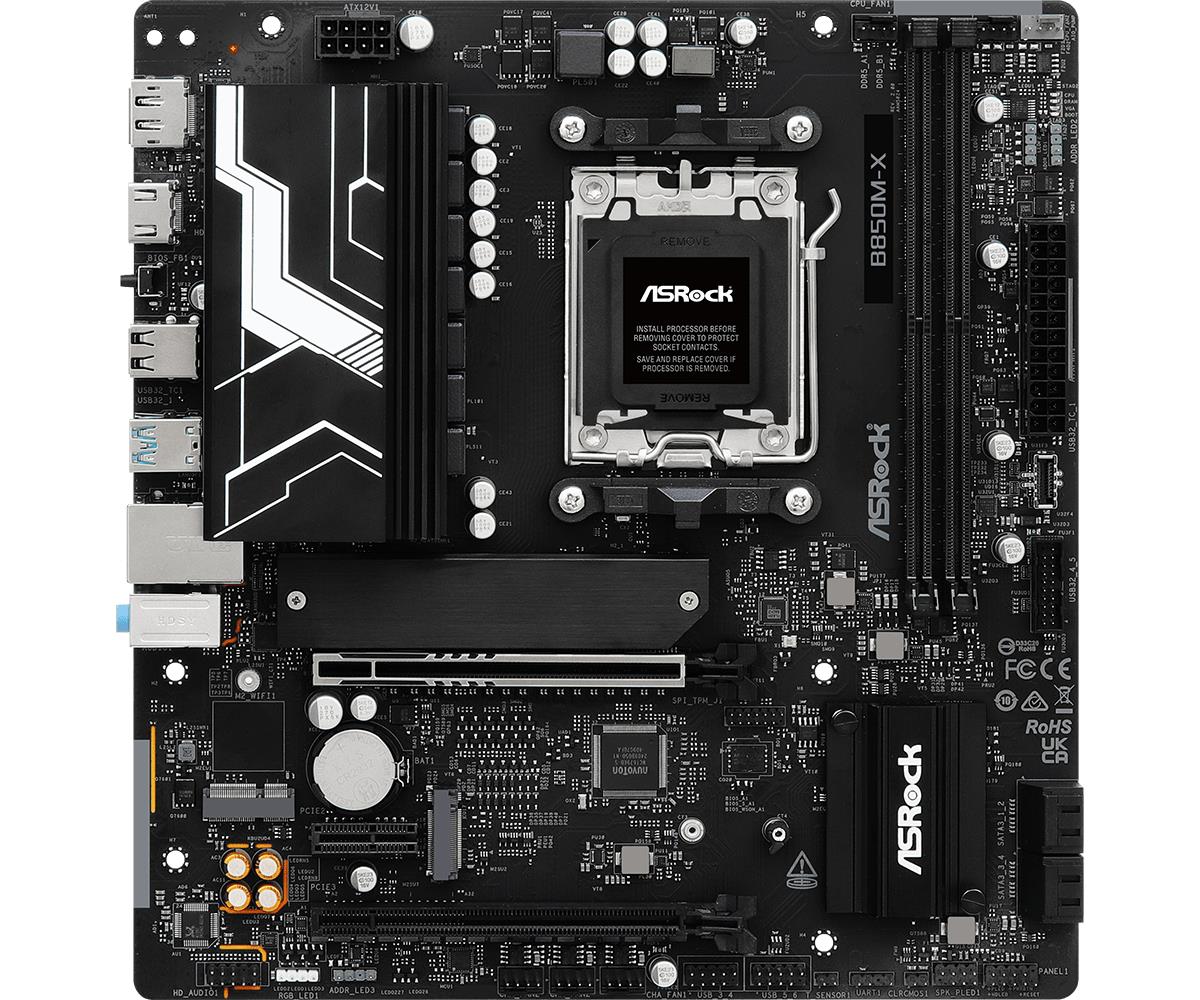 2c216d29-3159-45e5-b7d2-42090e5cafe6 ASROCK B850M-XR2.0 motininė plokštė, viršutinis kampas su atminties slotais