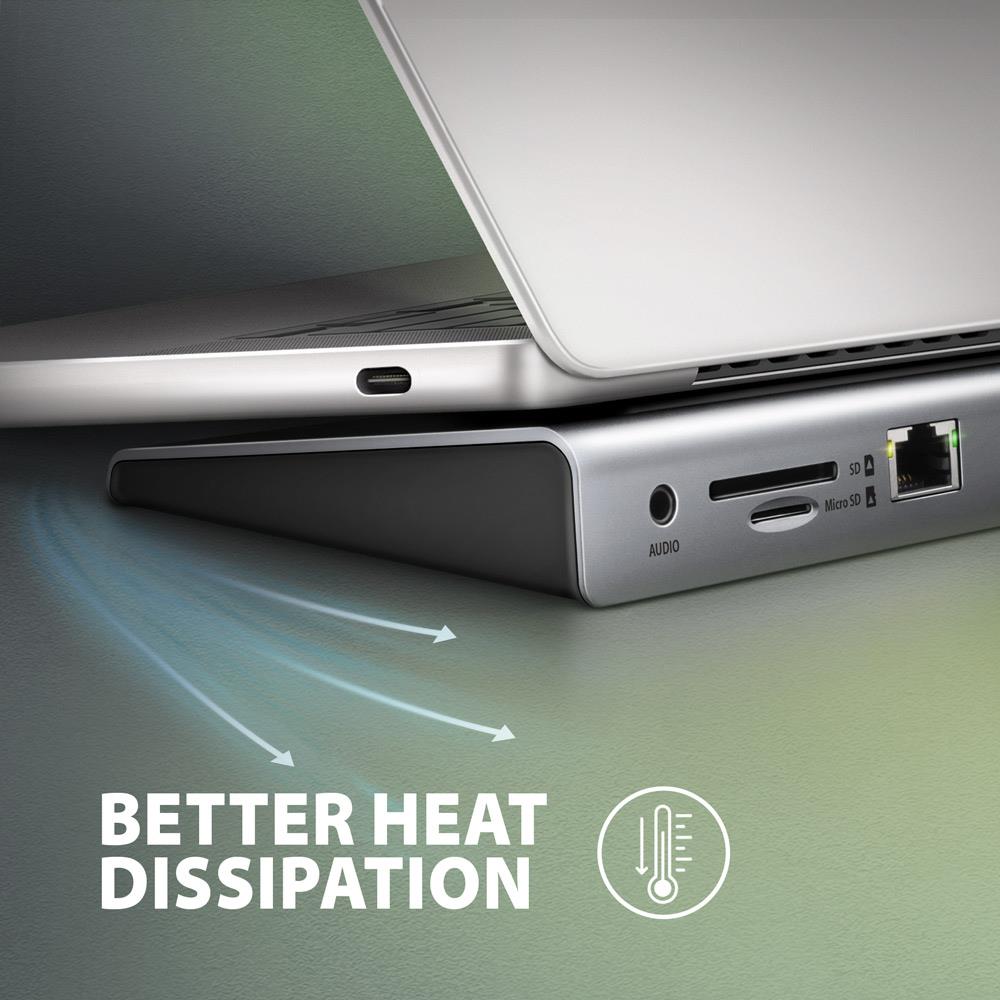 3257d36d-fb70-4373-ae3b-0464c923d750 Dokų stotelė HMC-4KX3, šoninis vaizdas su HDMI ir USB-C prievadais