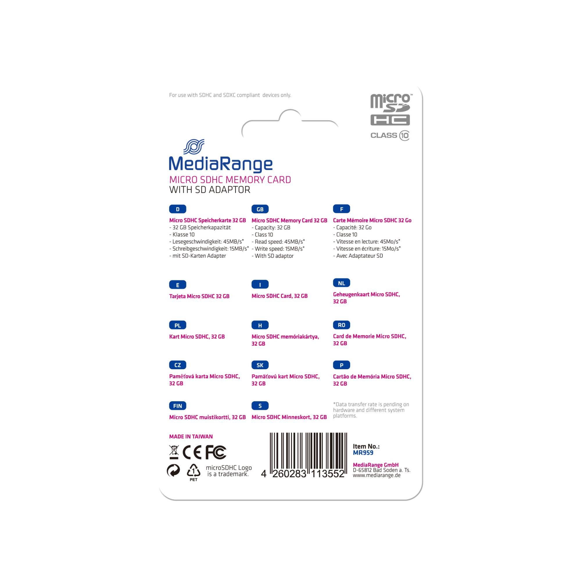 33d52aac-0f30-4269-9bc4-a329291313cb MEMORY MICRO SDHC 32GB C10/W/ADAPTER MR959 MEDIARANGE